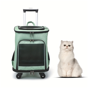 Portable Pet Backpack With Wheels Durable Polyester Zipper Closure For Cats Dogs Bags Ideal For Travel Outdoor Use - Green