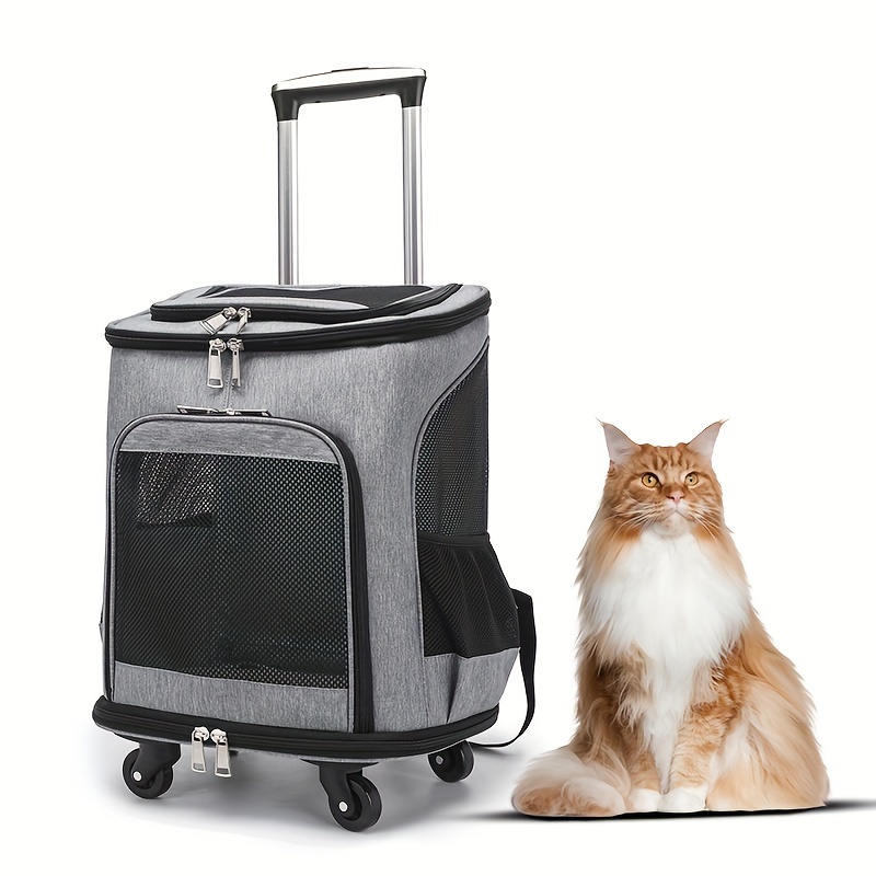 Portable Pet Backpack With Wheels Durable Polyester Zipper Closure For Cats Dogs Bags Ideal For Travel Outdoor Use - Grey
