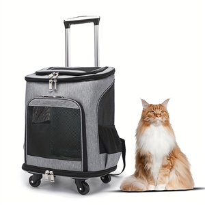 Portable Pet Backpack With Wheels Durable Polyester Zipper Closure For Cats Dogs Bags Ideal For Travel Outdoor Use - Grey