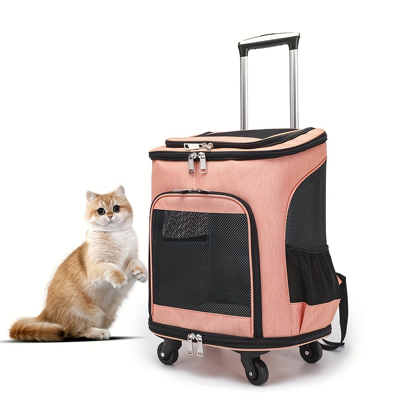 Portable Pet Backpack With Wheels Durable Polyester Zipper Closure For Cats Dogs Bags Ideal For Travel Outdoor Use - Pink