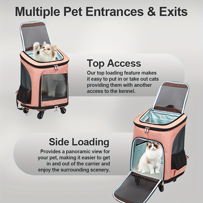 Portable Pet Backpack With Wheels Durable Polyester Zipper Closure For Cats Dogs Bags Ideal For Travel Outdoor Use - Grey