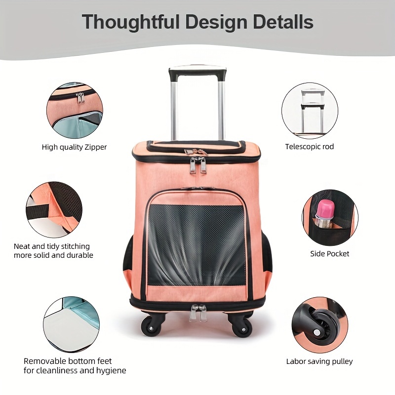 Portable Pet Backpack With Wheels Durable Polyester Zipper Closure For Cats Dogs Bags Ideal For Travel Outdoor Use - Grey