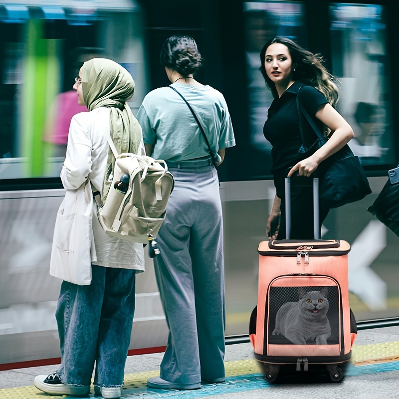 Portable Pet Backpack With Wheels Durable Polyester Zipper Closure For Cats Dogs Bags Ideal For Travel Outdoor Use - Grey