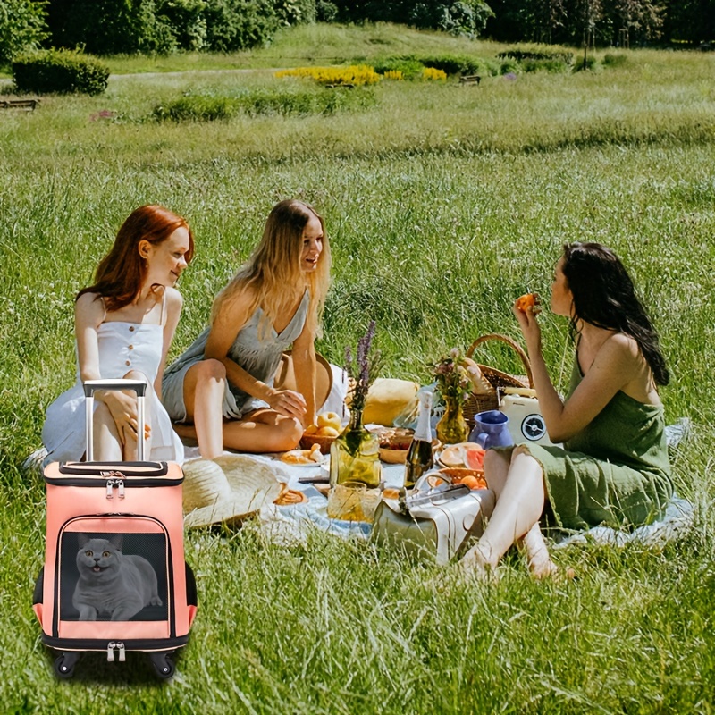 Portable Pet Backpack With Wheels Durable Polyester Zipper Closure For Cats Dogs Bags Ideal For Travel Outdoor Use - Grey