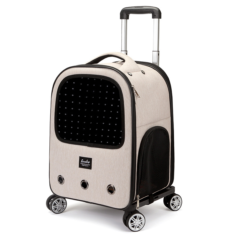 Portable Pet Backpack With Wheels Strollers Polyester Zipper Closure For Cats Dogs Bags Ideal For Travel Outdoor Shoulders - Gray