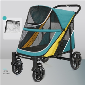 Quality Foldable Pet Stroller 4 Wheels Carbon Steel Removable Cats Dogs Bags Storage Basket Travel Outdoor Oxford - Green Yellow