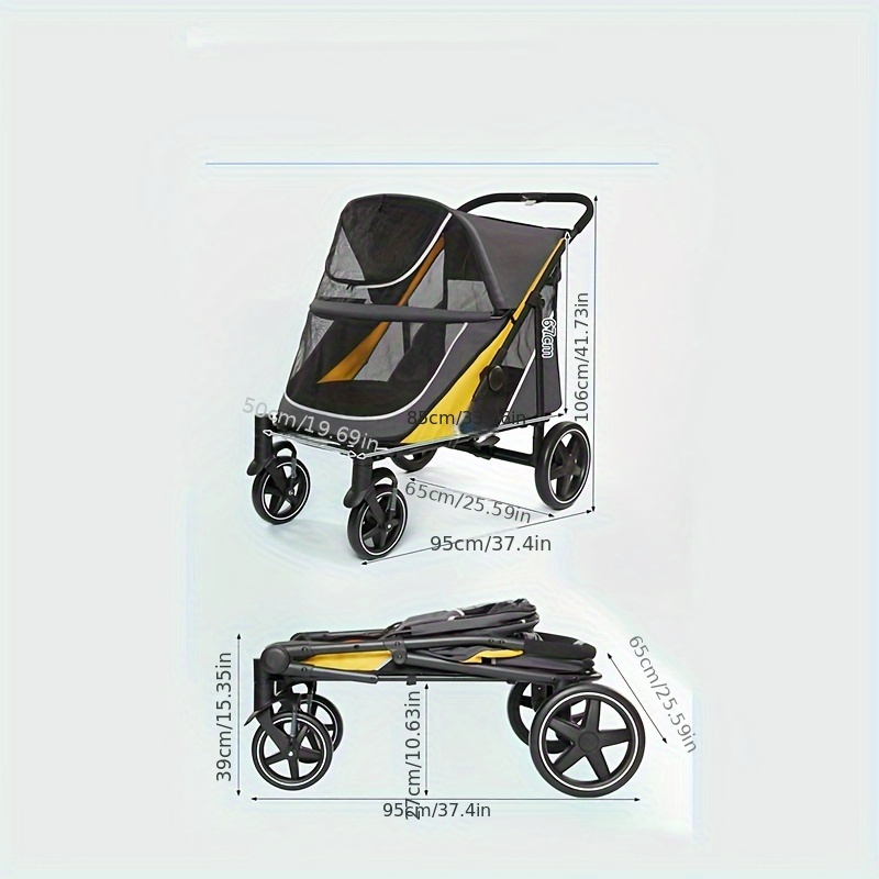 Quality Foldable Pet Stroller 4 Wheels Carbon Steel Removable Cats Dogs Bags Storage Basket Travel Outdoor Oxford - Black Red