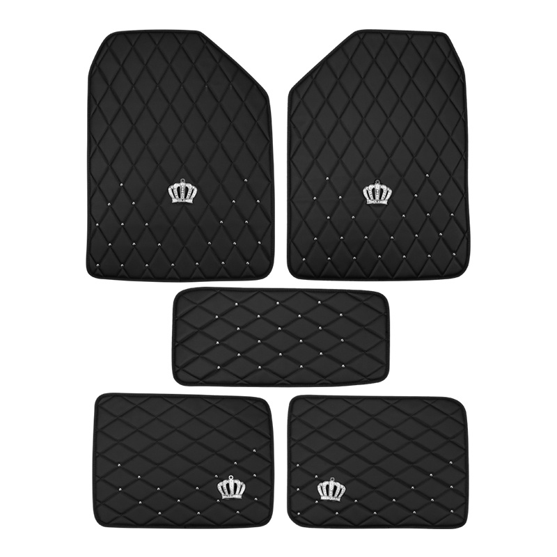 Quality Leather Crown Car Floor Mats Four Seasons General Waterproof Antiskid Mats Carpet 5pcs - Black