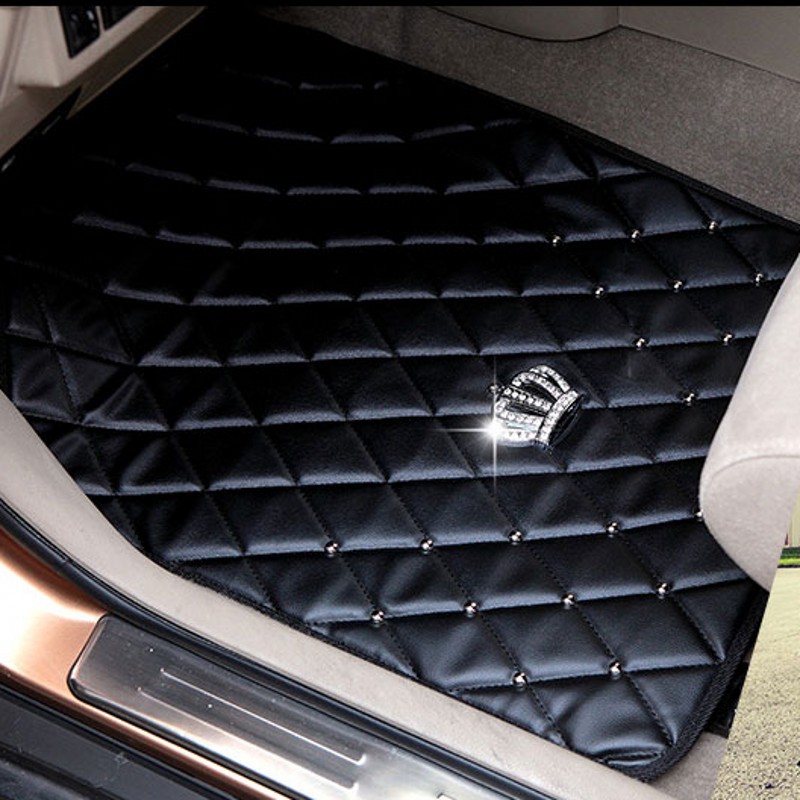 Quality Leather Crown Car Floor Mats Four Seasons General Waterproof Antiskid Mats Carpet 5pcs - Black