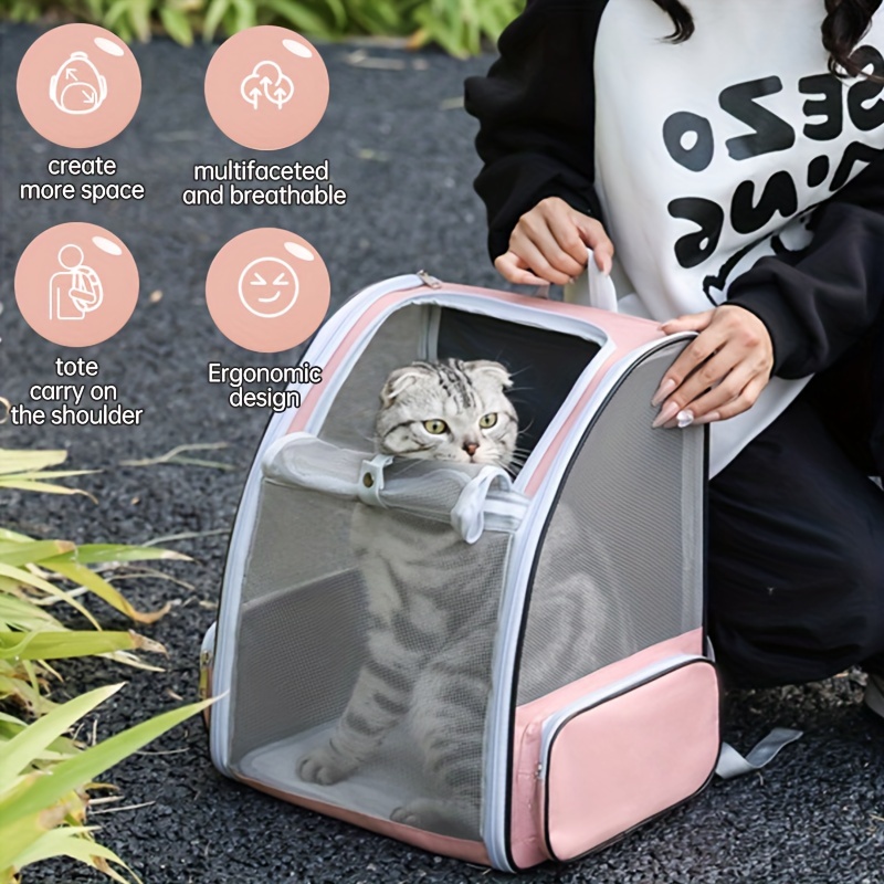 Shoulders Pet Backpack Ventilate Durable Polyester Zipper Closure For Cats Dogs Bags Ideal For Travel Outdoor Use - Pink