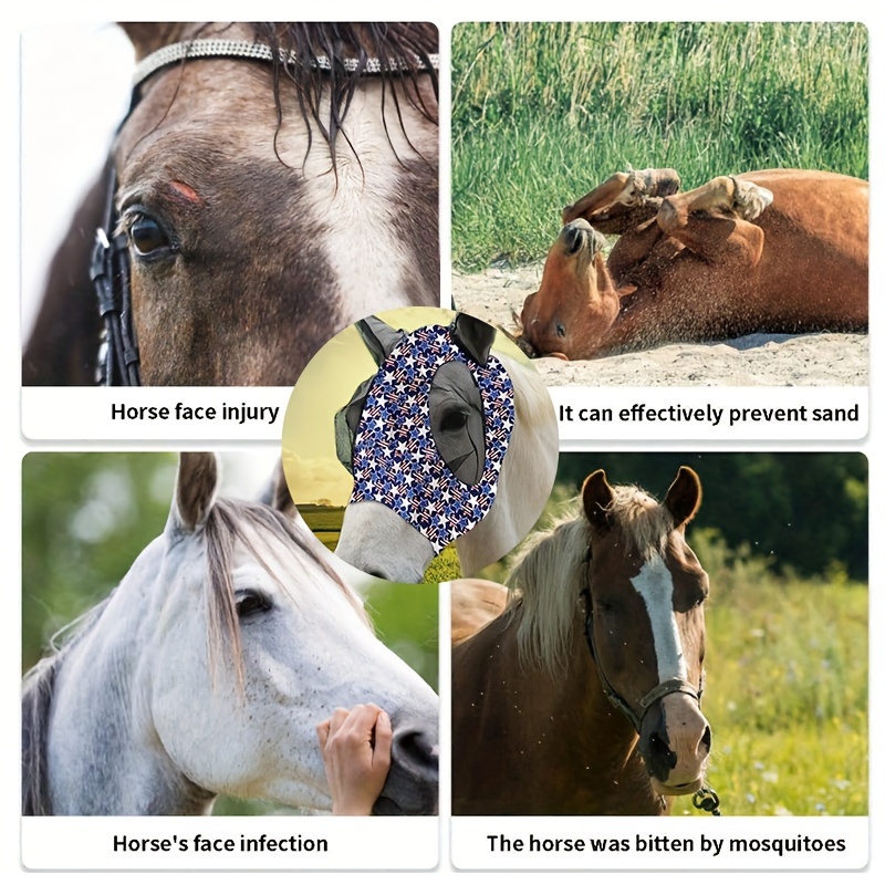 Stretch Lycra Mosquito Repellent Summer Breathable Horse Fly Mask With Ears Comfortable Mesh Rugged Ride Horse Supplies - Blue