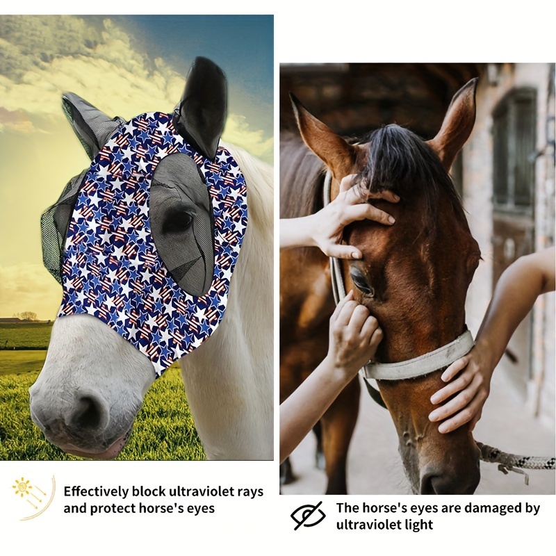Stretch Lycra Mosquito Repellent Summer Breathable Horse Fly Mask With Ears Comfortable Mesh Rugged Ride Horse Supplies - Blue