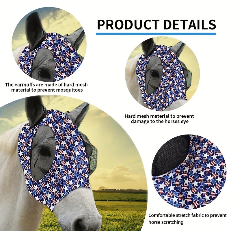 Stretch Lycra Mosquito Repellent Summer Breathable Horse Fly Mask With Ears Comfortable Mesh Rugged Ride Horse Supplies - Blue