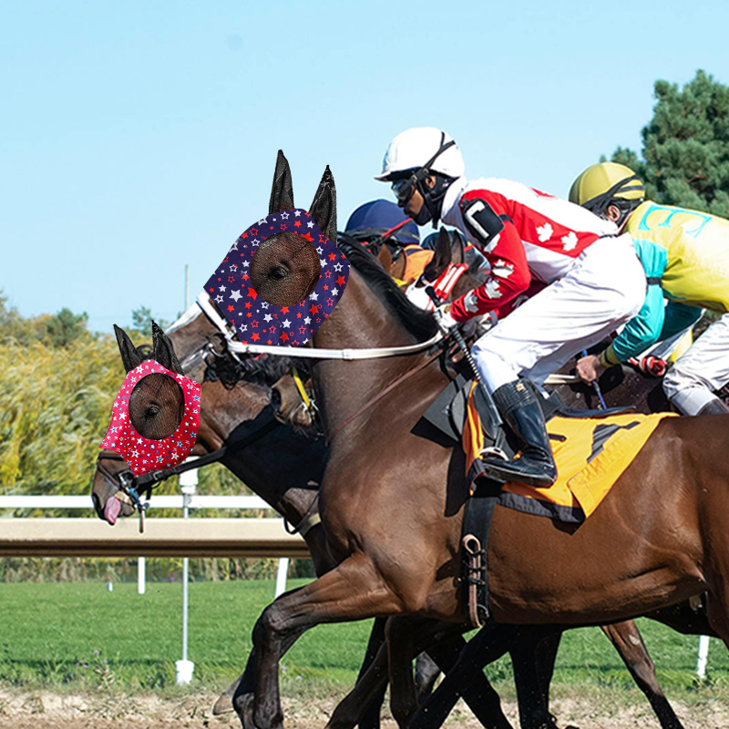 Stretch Lycra Mosquito Repellent Summer Breathable Horse Fly Mask With Ears Comfortable Mesh Rugged Ride Horse Supplies - Star Blue