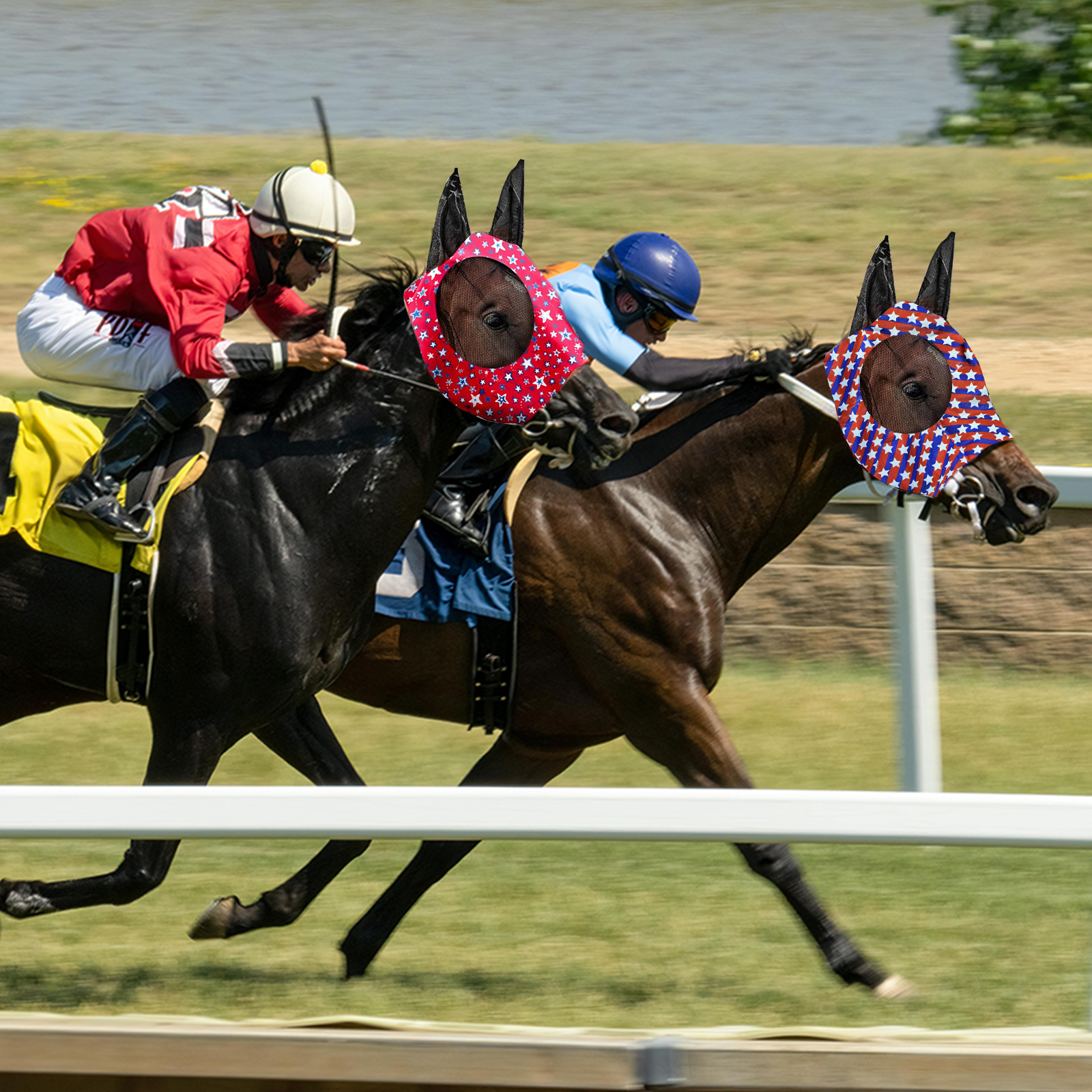 Stretch Lycra Mosquito Repellent Summer Breathable Horse Fly Mask With Ears Comfortable Mesh Rugged Ride Horse Supplies - Star Blue