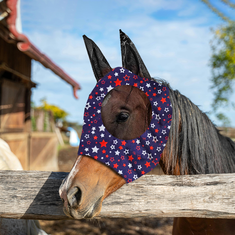 Stretch Lycra Mosquito Repellent Summer Breathable Horse Fly Mask With Ears Comfortable Mesh Rugged Ride Horse Supplies - Star Blue