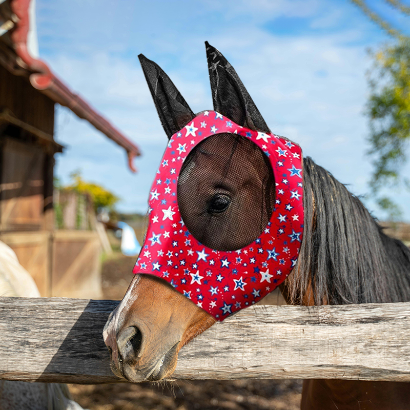 Stretch Lycra Mosquito Repellent Summer Breathable Horse Fly Mask With Ears Comfortable Mesh Rugged Ride Horse Supplies - Star Red