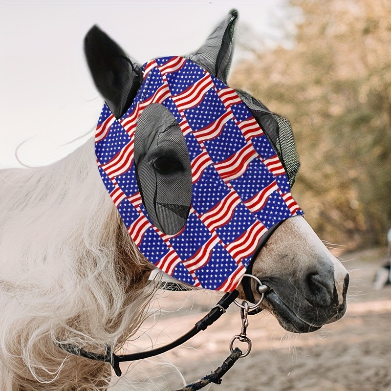 Stretch Lycra Mosquito Repellent Summer Breathable Horse Fly Mask With Ears Comfortable Mesh Rugged Ride Horse Supplies - USA Flag