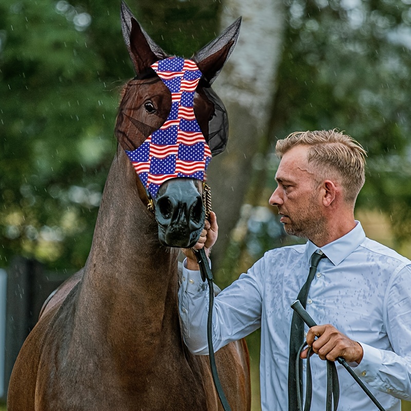 Stretch Lycra Mosquito Repellent Summer Breathable Horse Fly Mask With Ears Comfortable Mesh Rugged Ride Horse Supplies - USA Flag
