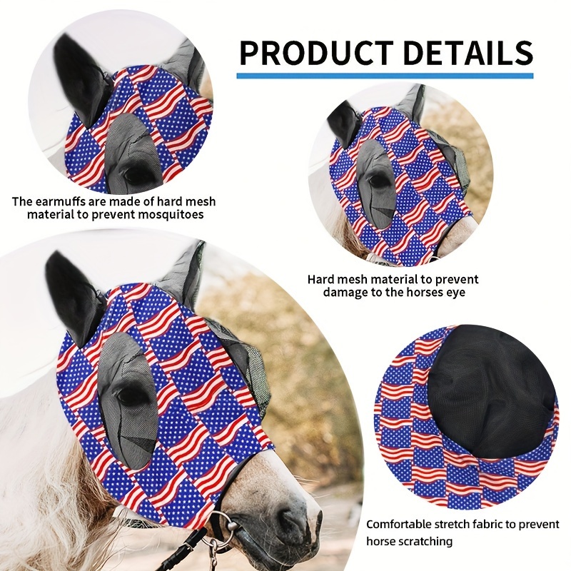 Stretch Lycra Mosquito Repellent Summer Breathable Horse Fly Mask With Ears Comfortable Mesh Rugged Ride Horse Supplies - USA Flag