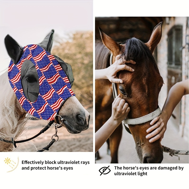 Stretch Lycra Mosquito Repellent Summer Breathable Horse Fly Mask With Ears Comfortable Mesh Rugged Ride Horse Supplies - USA Flag