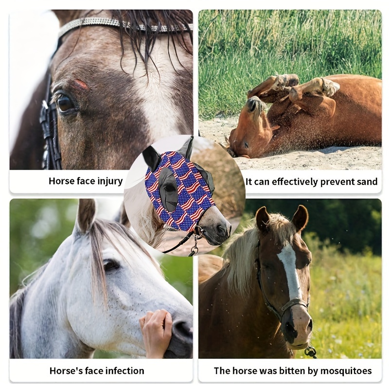 Stretch Lycra Mosquito Repellent Summer Breathable Horse Fly Mask With Ears Comfortable Mesh Rugged Ride Horse Supplies - USA Flag