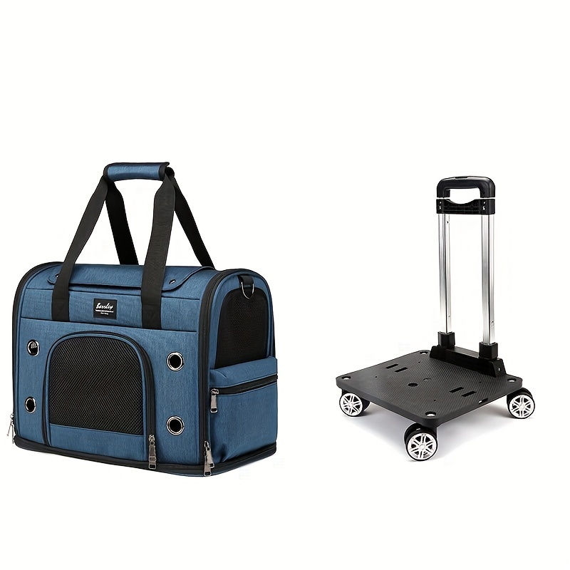 Suitcase Pet Messenger Bag With Wheels Strollers Polyester Zipper Closure For Cats Dogs Ideal For Travel Outdoor Shoulders - Blue