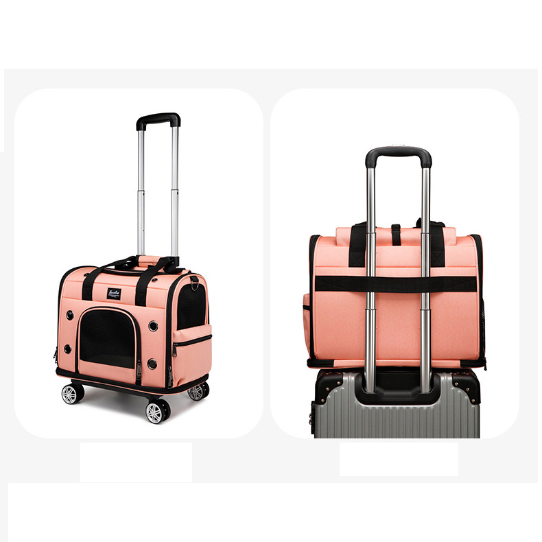 Suitcase Pet Messenger Bag With Wheels Strollers Polyester Zipper Closure For Cats Dogs Ideal For Travel Outdoor Shoulders - Gray