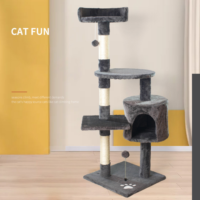 Tall Cat Tree House Towers Cat Post Climber Tree Cat Condo Scratching Post Climbing Frame Cat Post Climbing Shelf - Beige