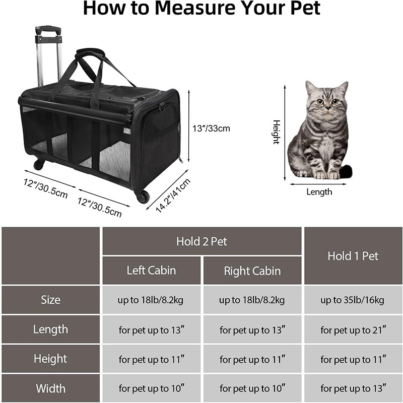 Transport Carrier For 2 Cats Handbag Large Cats Pet Polyester Zipper Closure For Cats Dogs Bags Ideal For Travel Outdoor Use - Black