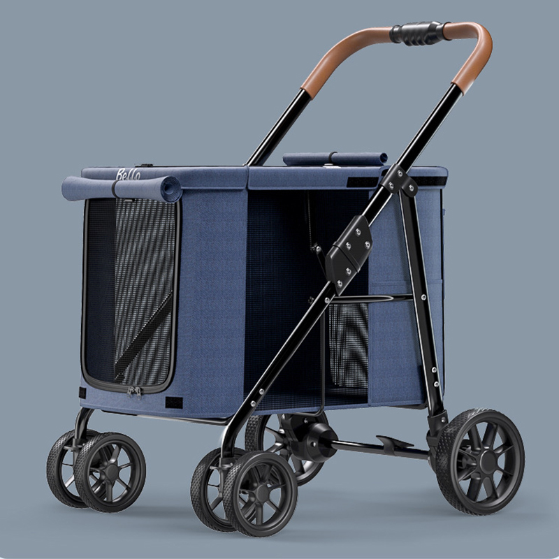 Trolley Foldable Big Pet Stroller Metal Breathable Mesh Removable Cats Dogs Bags Storage Basket Travel Outdoor Oxford - Blue