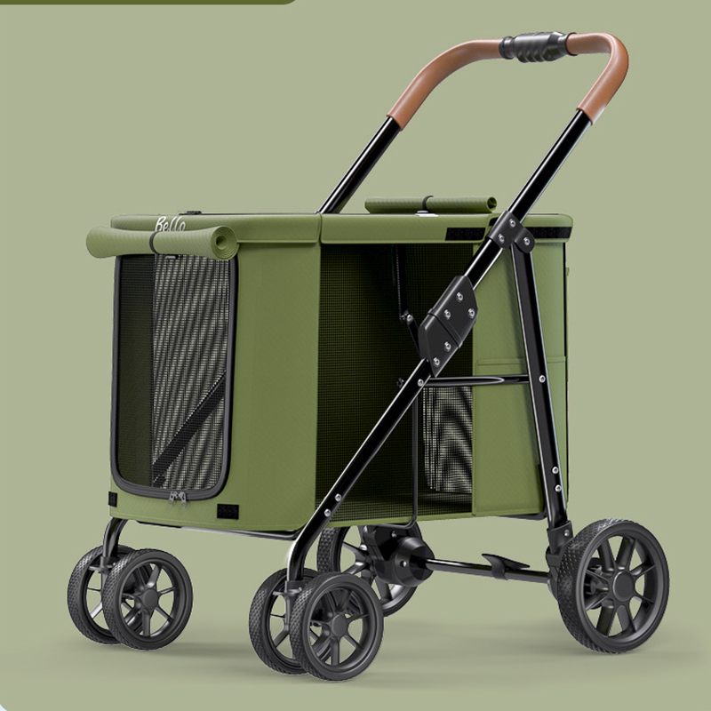 Trolley Foldable Big Pet Stroller Metal Breathable Mesh Removable Cats Dogs Bags Storage Basket Travel Outdoor Oxford - Green