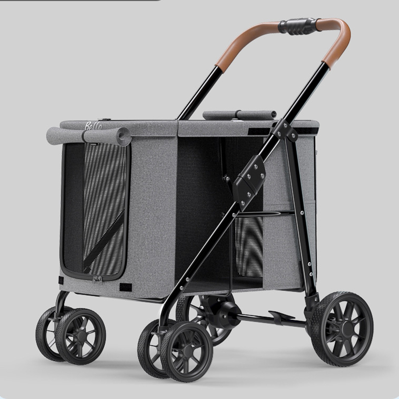 Trolley Foldable Big Pet Stroller Metal Breathable Mesh Removable Cats Dogs Bags Storage Basket Travel Outdoor Oxford - Grey