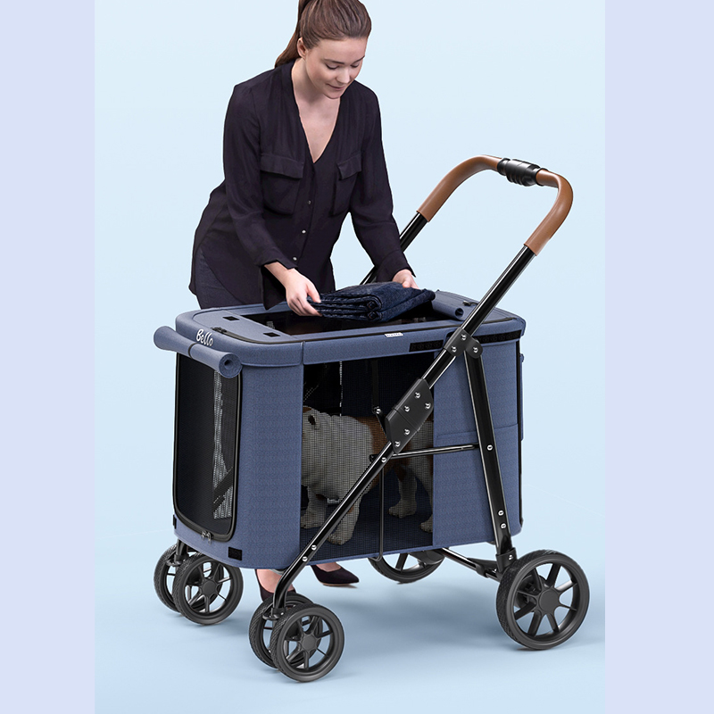 Trolley Foldable Big Pet Stroller Metal Breathable Mesh Removable Cats Dogs Bags Storage Basket Travel Outdoor Oxford - Grey