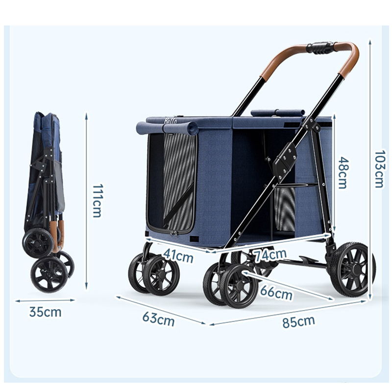 Trolley Foldable Big Pet Stroller Metal Breathable Mesh Removable Cats Dogs Bags Storage Basket Travel Outdoor Oxford - Grey