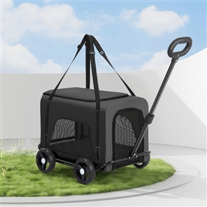 Trolley Foldable Pet Stroller Four Wheels Carbon Steel Removable Cats Dogs Bags Storage Basket Travel Outdoor Oxford - Black