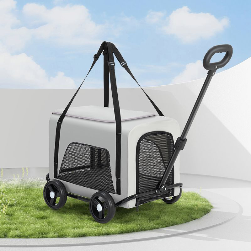 Trolley Foldable Pet Stroller Four Wheels Carbon Steel Removable Cats Dogs Bags Storage Basket Travel Outdoor Oxford - Grey