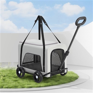 Trolley Foldable Pet Stroller Four Wheels Carbon Steel Removable Cats Dogs Bags Storage Basket Travel Outdoor Oxford - Grey