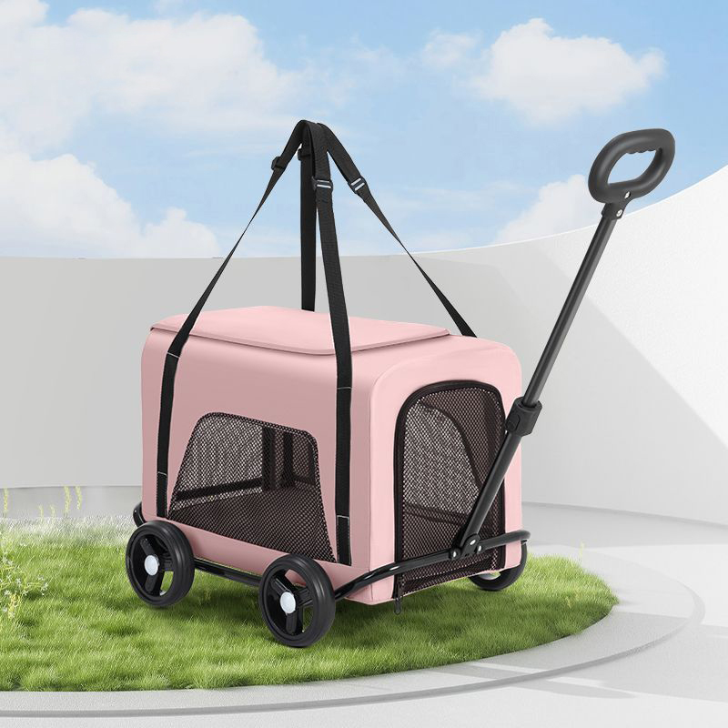 Trolley Foldable Pet Stroller Four Wheels Carbon Steel Removable Cats Dogs Bags Storage Basket Travel Outdoor Oxford - Pink