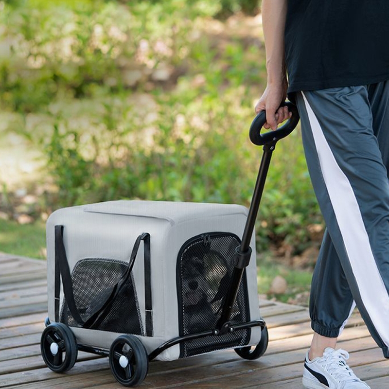 Trolley Foldable Pet Stroller Four Wheels Carbon Steel Removable Cats Dogs Bags Storage Basket Travel Outdoor Oxford - Grey
