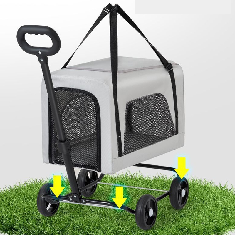Trolley Foldable Pet Stroller Four Wheels Carbon Steel Removable Cats Dogs Bags Storage Basket Travel Outdoor Oxford - Grey