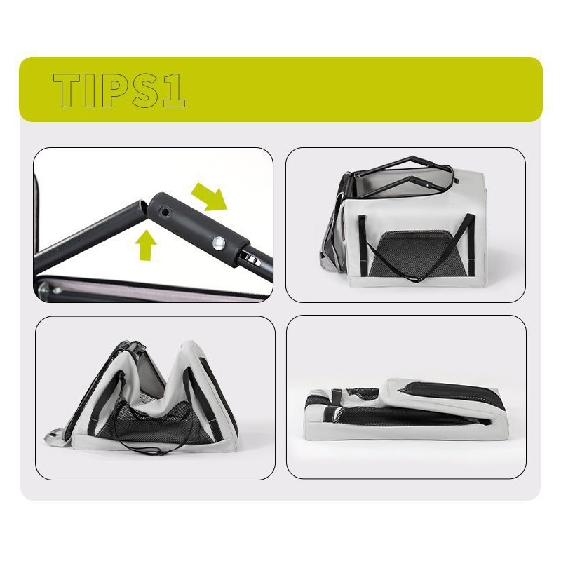 Trolley Foldable Pet Stroller Four Wheels Carbon Steel Removable Cats Dogs Bags Storage Basket Travel Outdoor Oxford - Grey