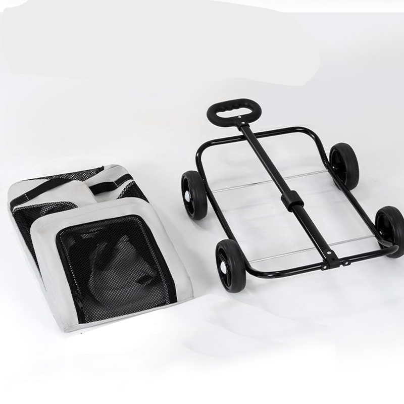 Trolley Foldable Pet Stroller Four Wheels Carbon Steel Removable Cats Dogs Bags Storage Basket Travel Outdoor Oxford - Grey