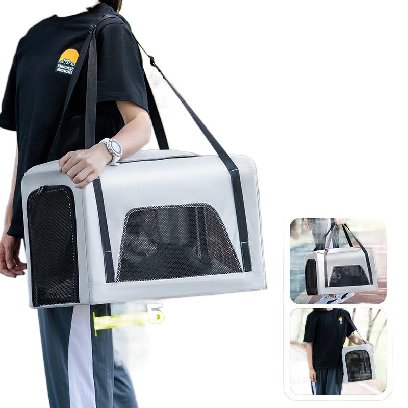 Trolley Foldable Pet Stroller Four Wheels Carbon Steel Removable Cats Dogs Bags Storage Basket Travel Outdoor Oxford - Grey