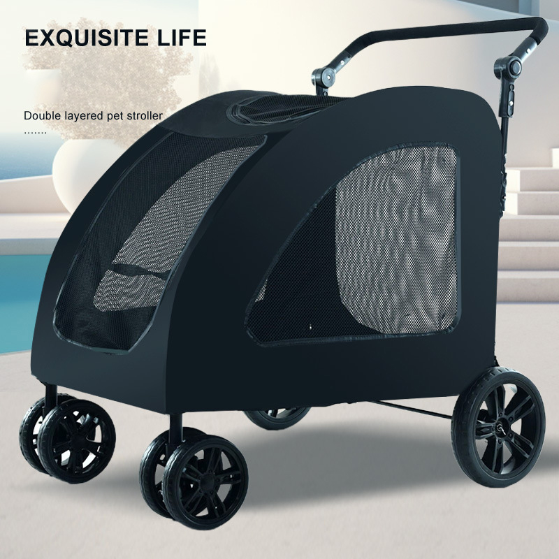 Trolley Foldable Pet Stroller Metal Disability Assistance Removable Cats Dogs Bags Storage Basket Travel Outdoor Oxford - Black