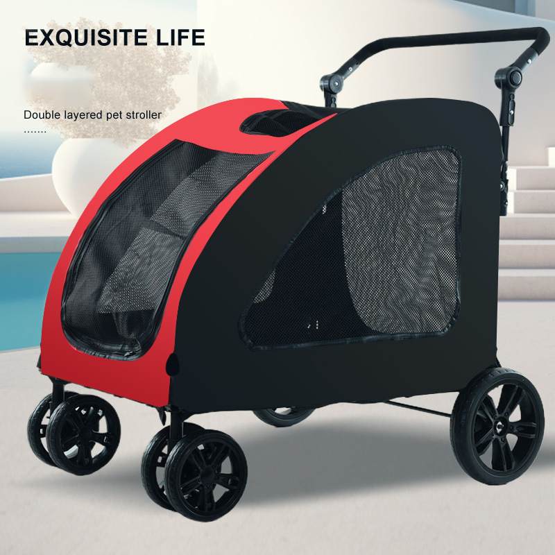 Trolley Foldable Pet Stroller Metal Disability Assistance Removable Cats Dogs Bags Storage Basket Travel Outdoor Oxford - Red