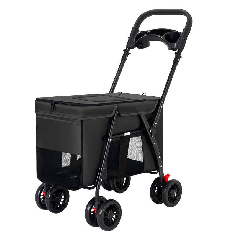 Trolley Foldable Pet Stroller Metal Breathable Mesh Removable Cats Dogs Bags Storage Basket Travel Outdoor Oxford - Black