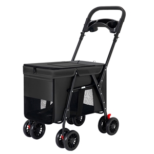 Trolley Foldable Pet Stroller Metal Breathable Mesh Removable Cats Dogs Bags Storage Basket Travel Outdoor Oxford - Black