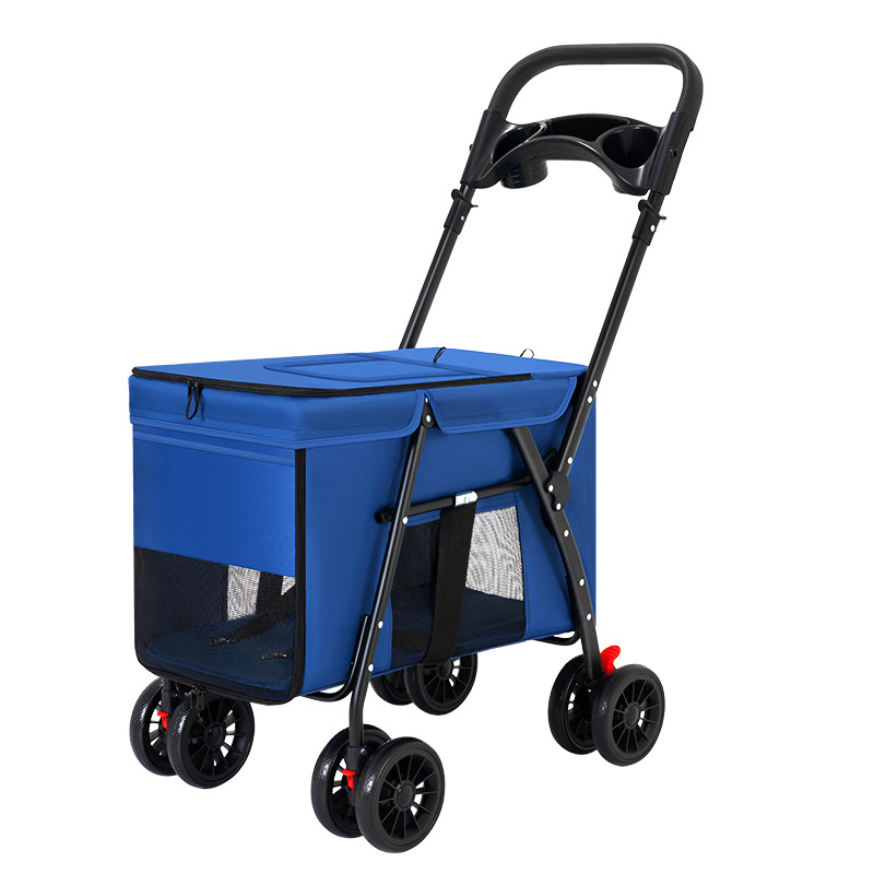 Trolley Foldable Pet Stroller Metal Breathable Mesh Removable Cats Dogs Bags Storage Basket Travel Outdoor Oxford - Blue