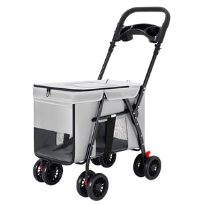 Trolley Foldable Pet Stroller Metal Breathable Mesh Removable Cats Dogs Bags Storage Basket Travel Outdoor Oxford - Gray